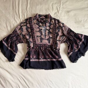 Anna Sui Boho Sheer Blouse Bell Sleeve Tie Neck Romantic Top